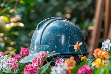 Weathered construction helmet nestled amidst colorful flowers and green foliage in nature