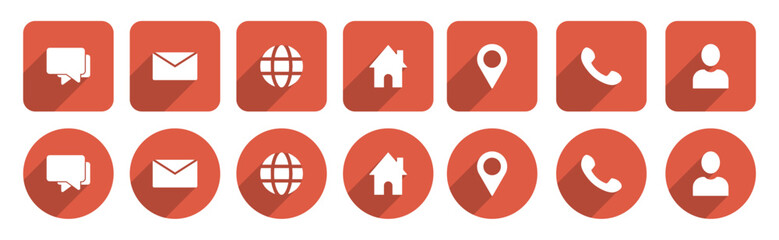 Business card icon set, contact information icons, Vector illustration in red color on transparent background