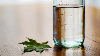 A single green leaf rests on a wooden surface next to a glass of water with condensation