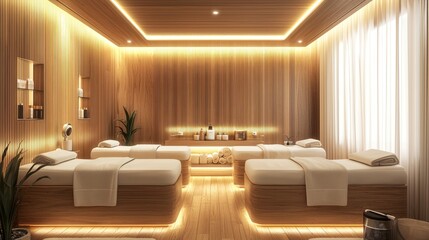 A serene spa room with wooden walls and soft lighting, featuring four massage tables arranged in a semi-circle.