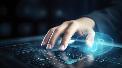 Digital identification or digital ID concept. Businessman use laptop and hand touch virtual screen of digital identification card to accessing databases by digital identity for cyber security.