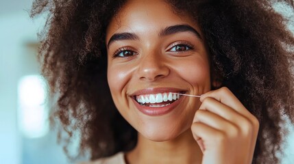 A young woman with curly hair smiling while using dental floss in a bathroom setting.