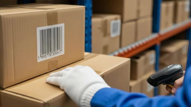 Warehouse Employee Scanning Barcodes with Handheld Scanner in Stockroom