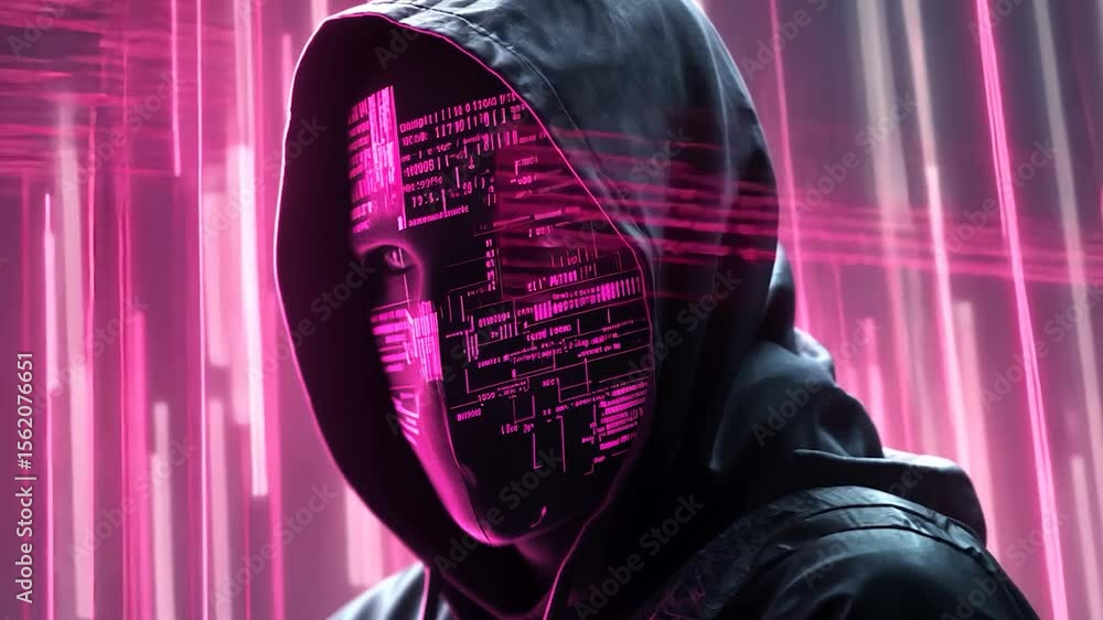 Poster person in hooded jacket with glowing digital code.