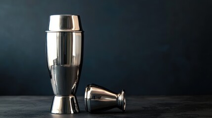 A metallic shaker and a metal jigger on a dark background