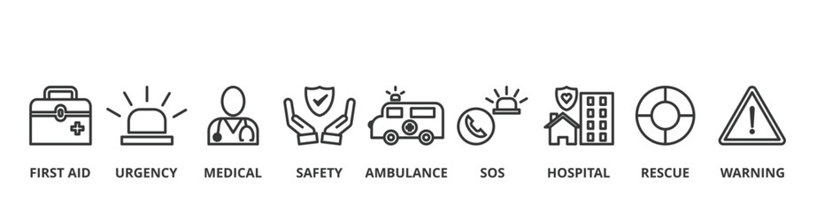 Emergency room banner vector illustration concept with icon of first aid, urgency, medical, safety, ambulance, SOS, hospital, rescue and warning