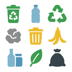 Recycling and waste management icons set illustrating different types of trash sorting