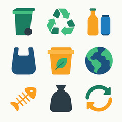 Recycling and waste management icons set with earth and renewable resources symbols