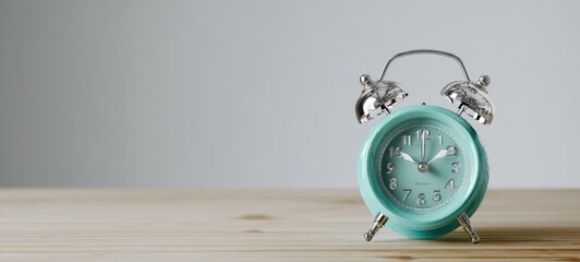 The vintage alarm clock with a refreshing blue design on a wooden table.