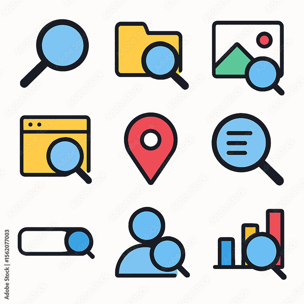 Poster search and find vector icon set displaying magnifying glass over various symbols