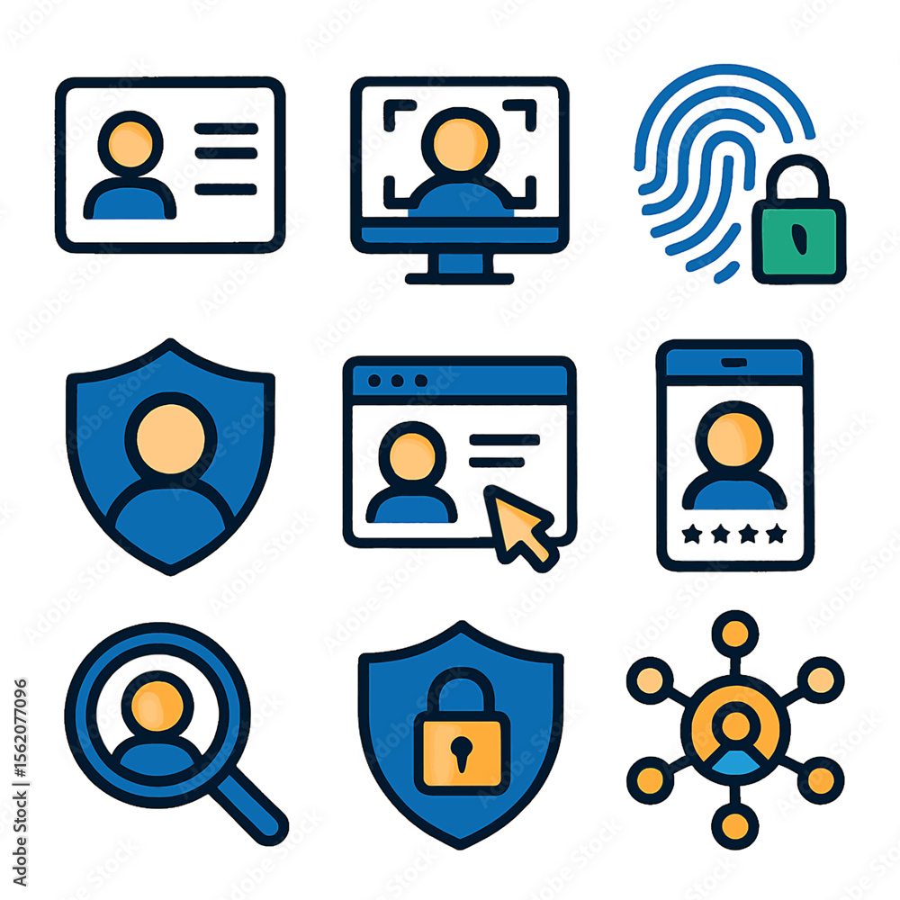 Poster security and identity icons set featuring privacy protection and secure access