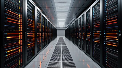 A long, narrow hallway with rows of computer servers, illuminated by overhead lights, with a black and white striped floor and a white ceiling with a grid pattern.