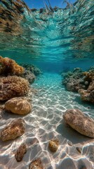 Underwater scene showcasing vibrant coral reefs and clear turquoise water, with sunlight filtering through
