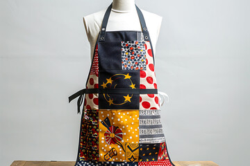 A colorful patchwork apron displayed on a mannequin against a soft white background