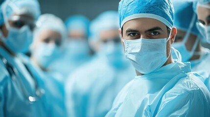 A group of healthcare professionals in a hospital setting, wearing blue surgical caps and masks, standing in a row.
