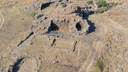 Drone shot of ancient pentalobate nuraghe ruins, Sardinia's prehistoric stone architecture