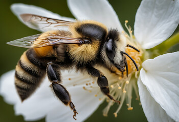 Close-up of a fuzzy bee on a white flower.