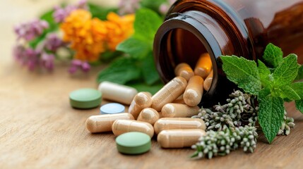 A bottle of herbal supplements spilling out onto a wooden surface, with a variety of herbs and flowers in the background.