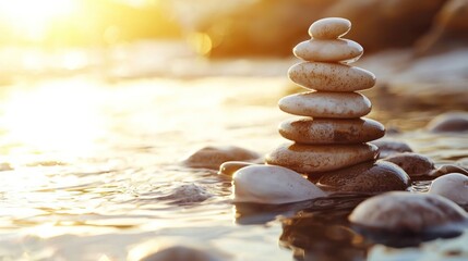 A stack of rocks balanced on a riverbank at sunset.