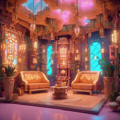 Dream Weaver’s Salon in Voxel Art Style with Lumen Print Medium – Surreal Fantasy Interior Design