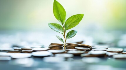 A green leafy plant growing from a pile of coins on a green background.