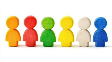 A group of six colorful wooden figures arranged in a row on a white background.