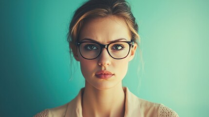 A woman with blonde hair wearing glasses, standing in front of a green background.