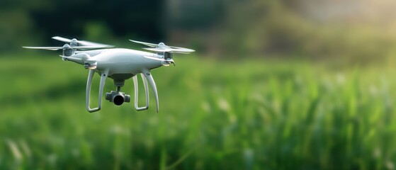 The Drone Hovering Over a Lush Green Field in Natural Light