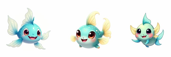 Fototapeta premium Cute cartoon fish characters with smiling faces in pastel colors 