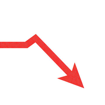 A striking red downward arrow on a black backdrop symbolizes economic decline, loss, or a bearish market trend, transparent background