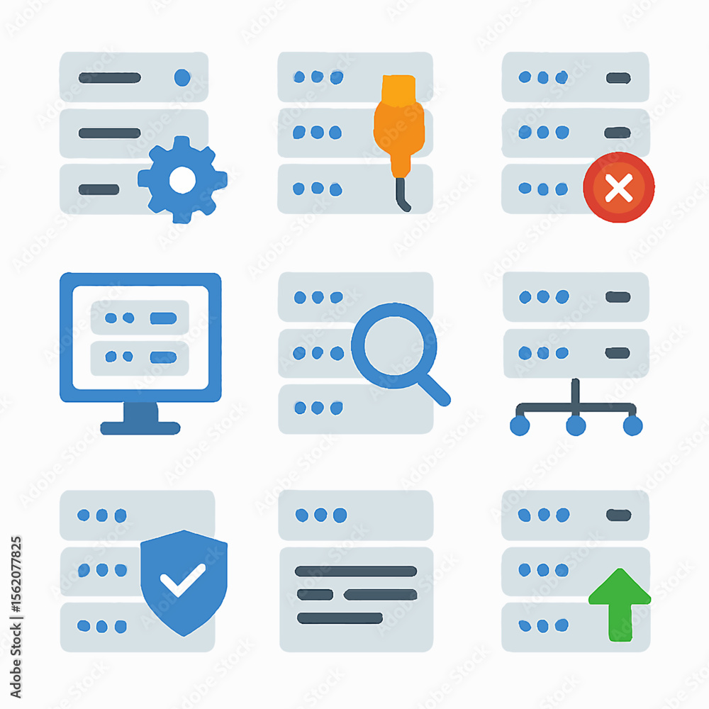 Poster server icons illustration depicting network connectivity, data management and processing