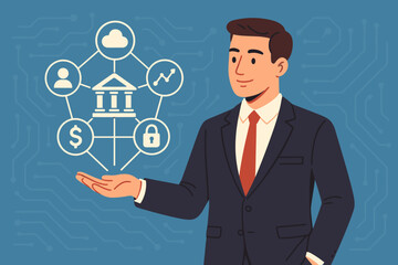 Fintech concept illustration of a businessman presenting a digital banking network. Financial technology innovation for secure access to financial data, cloud services, and investment.