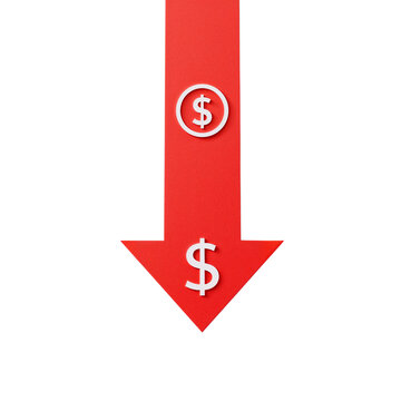 A red downward arrow against a black backdrop symbolizes financial loss or economic downturn with a white dollar sign, reflecting potential market challenges, transparent background