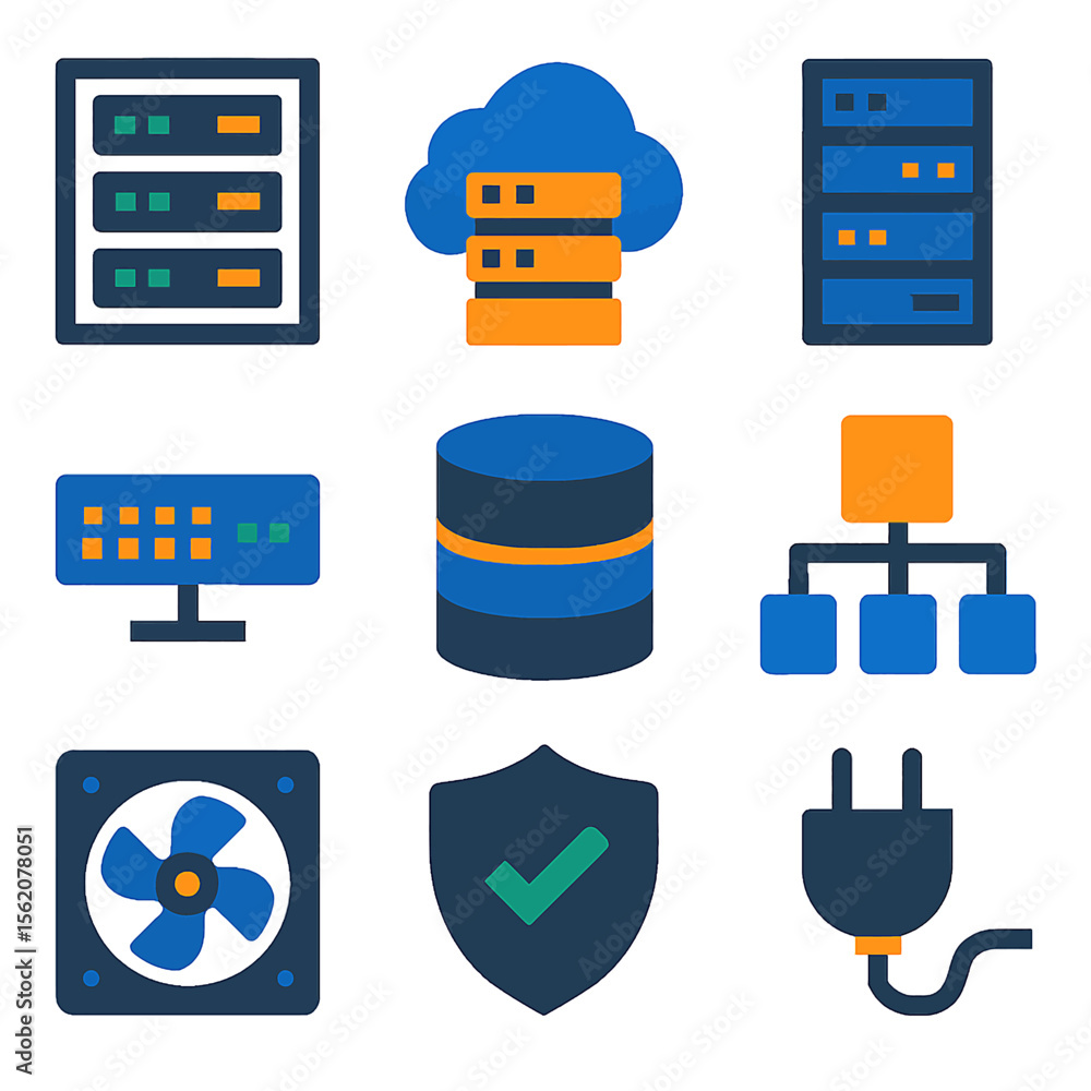 Aufkleber server infrastructure components and network security in a colorful vector design