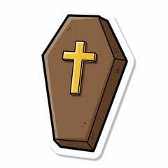 Obraz premium Cartoon Coffin with Gold Cross Isolated on White Sticker Style.