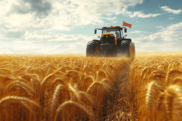 A powerful tractor harvesting a golden wheat field under a beautiful sunny sky