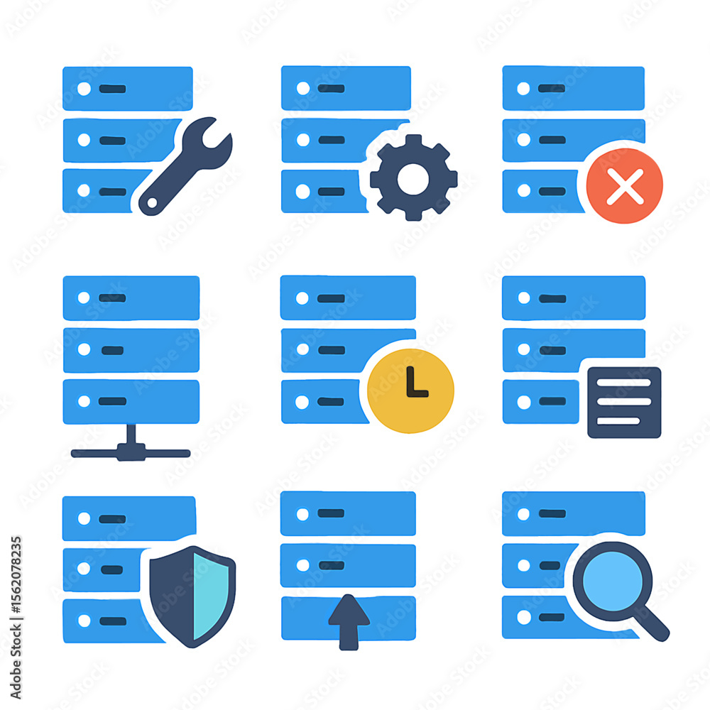 Poster server maintenance and optimization icons for data management and network security