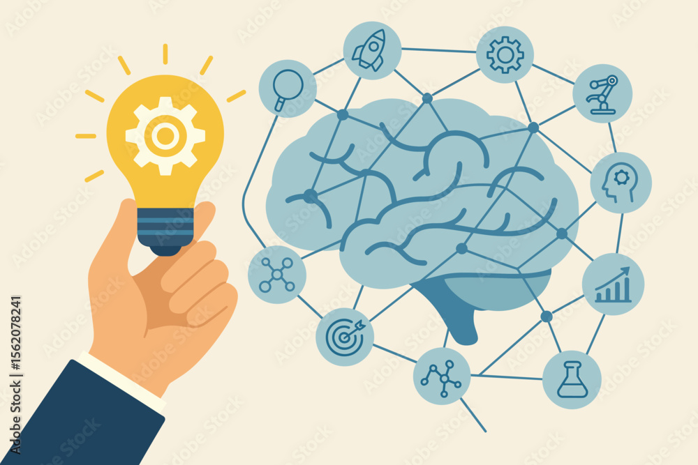 Poster hand holding lightbulb with gear symbolizes new idea and innovation. brain background with network i