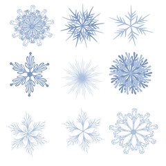 A vector illustration featuring nine unique snowflake designs in delicate light blue hues, showcasing intricate details and varied geometric patterns, ideal for winter-themed projects.