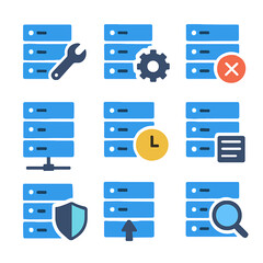 Server maintenance and optimization icons for data management and network security