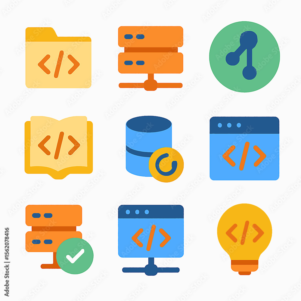 Poster set of coding icons featuring folder, server, database, code, and lightbulb symbols