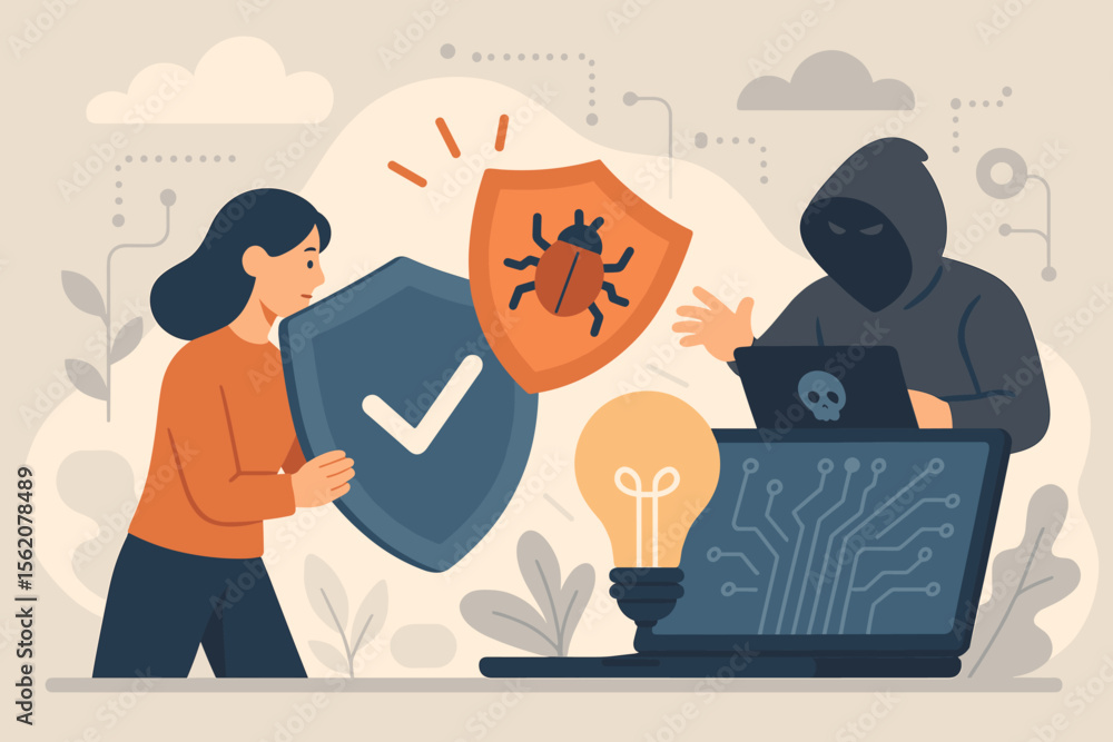 Poster cyber security vector concept. woman with shield protects from hacker. digital privacy and data prot