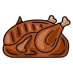 Roasted Chicken Vector Illustration: A detailed depiction of a whole roasted chicken with visible grill marks, showcasing a stylized, cartoonish design in warm brown tones.