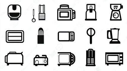 Simple black outline icons of various kitchen appliances