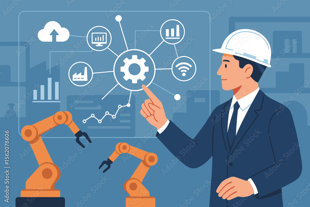 Poster industry 4.0 automation engineer managing smart factory with robotic arms, virtual interface, real-t