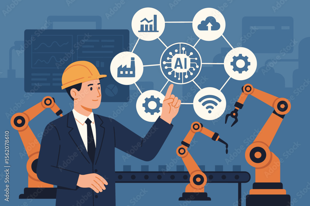 Poster industry 4.0 smart factory automation concept with manager engineer controlling robotic arms, artifi