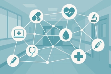 Medical Technology Network Connection with Virtual Interface, Hospital Background, Healthcare Icons, Digital Medicine, Telemedicine, Data Exchange, Modern Flat Vector Illustration