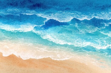 Abstract watercolor painting of blue ocean with gentle waves and sand beach. Fresh, cheerful summer concept. Calming, relaxing positive healthy tones as wallpaper or background. High quality