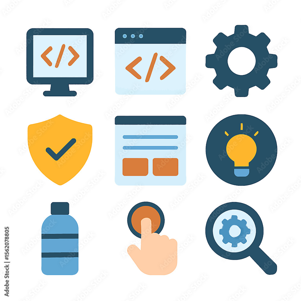 Poster set of flat design vector icons featuring programming, security, and ideas