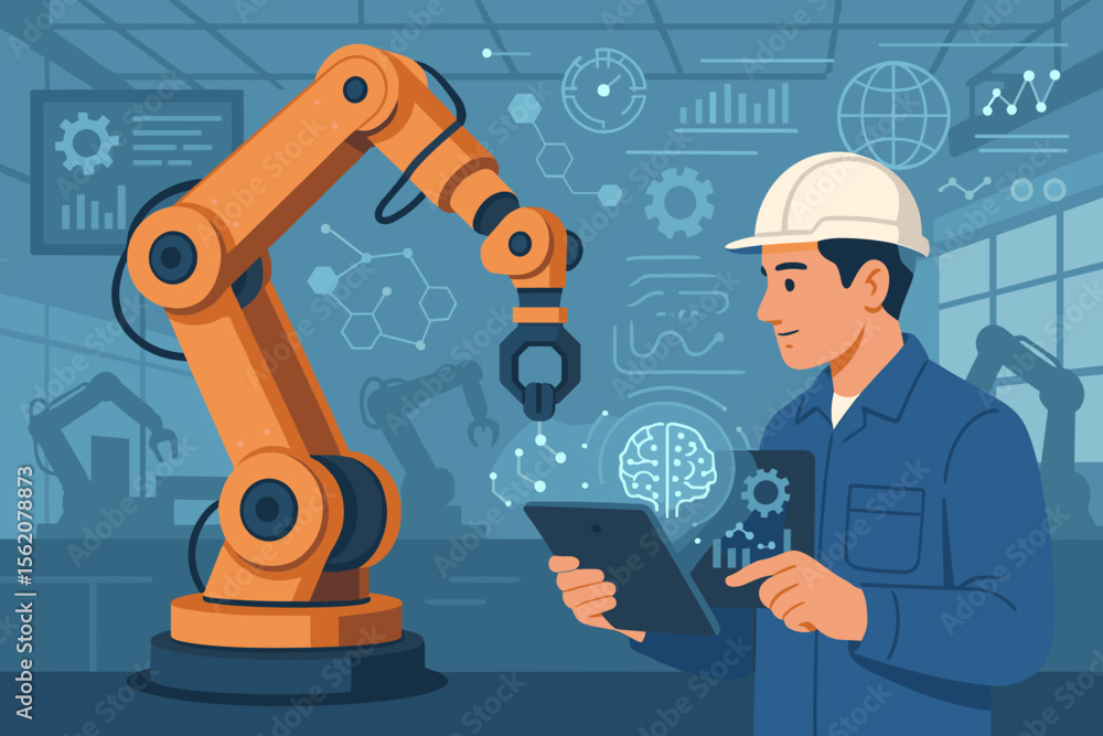 Poster industrial automation engineer controls robotic arm with digital tablet in smart factory, ai technol